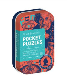 A colorful tin featuring Albert Einstein's Pocket Puzzles, designed by Professor Puzzle. The tin showcases a vibrant illustration of Einstein and includes a promise to challenge your intellect with mini puzzles. Perfect for puzzle lovers and educational fun.