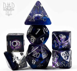 A collection of intricately designed polyhedral dice in shades of purple and black, featuring silver numbers. The distinctive shapes include a d20, d12, d10, d8, and d6, showcasing a vibrant swirl pattern that evokes a mystical and eldritch theme, perfect for tabletop gaming.