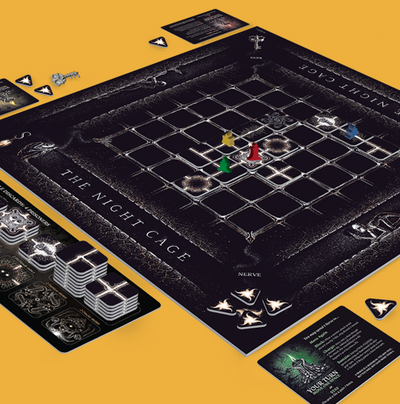 The Night Cage board game by SMIRK & DAGGER, featuring a dark, intricate game board with a grid layout, various colored player pieces, and multiple game components including cards and tokens. The board showcases a mystical theme, enhancing the immersive gameplay experience.