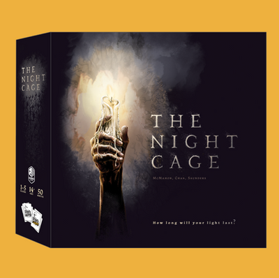 The Night Cage board game box featuring a gripping design of a hand holding a glowing light source. The dark background and dramatic lighting evoke suspense and mystery, inviting players to delve into the game's theme of survival in the shadows. The text on the box reads 'THE NIGHT CAGE' along with the names McMahon, Chan, and Saunders, indicating the game's creators. This game is designed for 1 to 5 players and includes 50 game cards, emphasizing cooperative gameplay and strategic planning.
