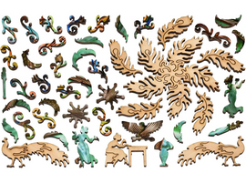 A vibrant assortment of intricately shaped jigsaw puzzle pieces from the Peacock Library Lamp by Liberty Puzzles. Featuring colorful peacock designs and artistic elements, the pieces are made of wood with unique patterns and textures. This jigsaw puzzle showcases a beautiful blend of natural shapes and whimsical characters, ideal for puzzle enthusiasts and art lovers.