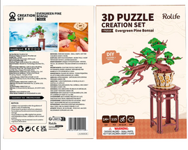The Evergreen Pine Bonsai DIY kit by Robotime features a detailed 3D puzzle model of a bonsai tree on a decorative stand. It comes with 115 pieces, showcasing intricate design elements and vibrant greenery, perfect for nature lovers and DIY enthusiasts. The assembled model measures 200x105x231mm and is suitable for ages 14 and up.