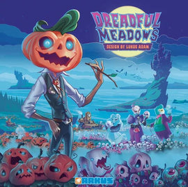 The cover art for 'Dreadful Meadows' by Arkus Games, featuring a whimsical character with a pumpkin head dressed in formal clothes, set against a spooky landscape filled with spectral figures and eerie pumpkins under a full moon.
