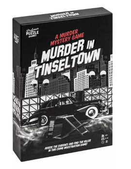 Murder in Tinseltown, a murder mystery game by Professor Puzzle. The game box features a vintage black and white design with a classic car and city skyline, inviting players to solve a thrilling crime investigation.