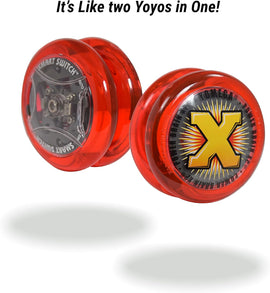 The Power Brain XP Yoyo by Yomega is a bright red yoyo featuring a striking black and yellow logo. Its design includes a visible internal mechanism, highlighting the innovative Smart Switch technology that allows users to switch between automatic and manual modes, making it versatile for all skill levels. This yoyo promises an exciting play experience, combining fun and skill development in an engaging way.