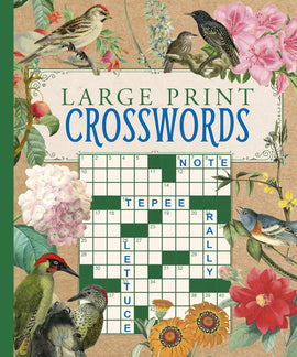 Cover of the Large Print Crosswords book by Sirius featuring delicate floral illustrations and various birds. The crossword grid is visible, designed for easy reading with large print letters. The playful design is appealing for puzzle lovers, with a mix of colorful birds and flowers surrounding the title.