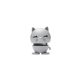The Hoptimist Cat Light Grey is a charming decorative figure shaped like a cute cat. It features a smooth, light grey finish with a smiling face, black whiskers, and soft, rounded ears. The design includes a spring mechanism that allows the figure to bobble gently, adding a playful touch to any space.