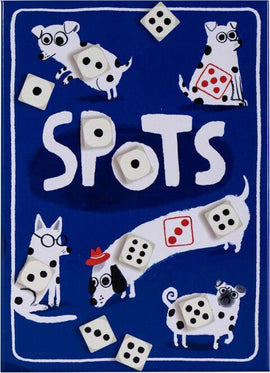Product image of 'Spots', a fun and engaging game featuring playful illustrations of various dogs and dice. The background is blue with the title 'SPOTS' prominently displayed. The dogs are adorned with different accessories and have unique patterns, creating a vibrant and whimsical look, perfect for game enthusiasts.
