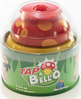 A colorful game called Tap a Bell'O by Blue Orange U.S.A. The game features a stack of three domed pieces in red, yellow, and green, designed with playful polka dots. The packaging shows playful character graphics and displays the age recommendation (5 and up) and the player range (2 to 9 players).