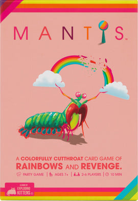 Mantis card game by Exploding Kittens features a vibrant packaging design showcasing a colorful cutthroat card game theme. The cover illustrates a playful mantis character amidst rainbows and clouds, highlighting the fun and competitive nature of the game. Ideal for parties, it's suitable for ages 7 and up, accommodating 2 to 6 players with a quick gameplay time of approximately 10 minutes.