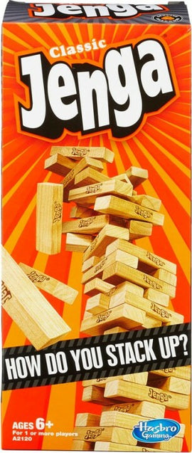 Classic Jenga game by Hasbro, featuring a sturdy box with bold orange and black design. The image showcases stacked wooden blocks labeled with 'Jenga', highlighting the challenge of balancing and removing blocks without toppling the tower.
