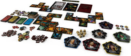 A detailed layout of the Betrayal at House on the Hill: 3rd Edition board game, showcasing various components including character cards, room tiles, tokens, and dice. The colorful artwork and intricate design reflect the game’s horror theme, inviting players to explore as they uncover the dark secrets of the haunted mansion.