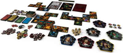 A detailed layout of the Betrayal at House on the Hill: 3rd Edition board game, showcasing various components including character cards, room tiles, tokens, and dice. The colorful artwork and intricate design reflect the game’s horror theme, inviting players to explore as they uncover the dark secrets of the haunted mansion.
