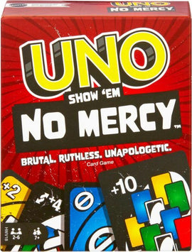 UNO Show 'Em No Mercy card game by Mattel. The game box features bright red colors with bold lettering. Highlights include phrases like 'Brutal, Ruthless, Unapologetic' and a variety of game cards showing different numbers and colors. Designed for 2-6 players, this fast-paced game encourages competitive fun with family and friends.