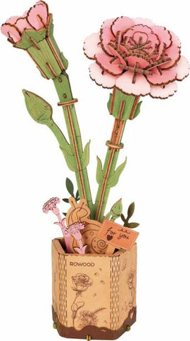 A pink carnation model made by Robortime, featuring intricately designed layered flowers with a detailed pot. The arrangement includes two main pink flowers and additional smaller flowers, all crafted from layered materials, emphasizing a DIY aesthetic perfect for hobbyists and crafters.