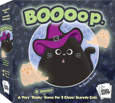 Booop. game box featuring a cartoon black cat wearing a purple witch hat surrounded by cute ghost illustrations. The design includes playful text that reads 'Booop.' and highlights it as a game for two clever players aged 10 and up. Perfect for Halloween fun and family game nights.