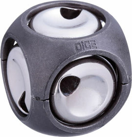 Hanayama Cast Dice mechanical puzzle features a unique design with smooth silver spheres encased in a matte black framework. The interconnected spheres challenge users to manipulate them, creating an engaging puzzle experience. Suitable for puzzle enthusiasts and collectors.