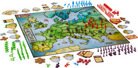 A vibrant game board for Risk Europe featuring a detailed map of Europe. Various colored armies, including red, blue, green, and purple, are positioned on strategic territories. Accompanying elements include cards, dice, and game pieces, all arranged around the board, creating an engaging setup for strategic gameplay.