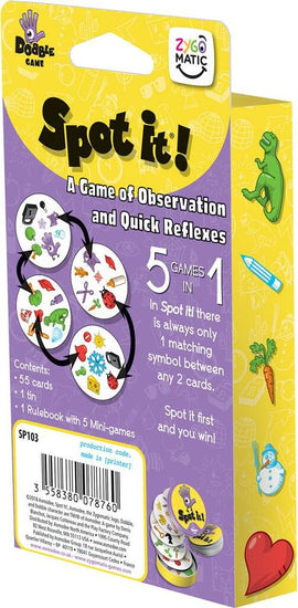 Spot It! Classic is a vibrant card game by Zygomatic designed for fast-paced fun. The packaging features colorful illustrations and informs players about the 55 cards included, a tin for storage, and the rulebook containing five mini-games. It's a game of observation and quick reflexes, with a bright yellow and purple theme that attracts attention.