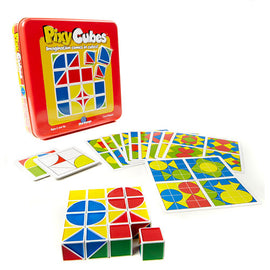 Pixy Cubes mechanical puzzle by Blue Orange U.S.A. showcasing a colorful tin box with geometric shapes and cards. The set includes yellow, red, blue, and green cubes and various pattern cards for creative gameplay.