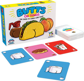 Butts on Things card game by Gamewright featuring a colorful box design with a taco and peach illustration showing humorous images. The game cards display quirky illustrations of food items and playful designs, perfect for family game night and gatherings.