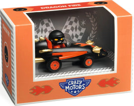 Crazy Motors: Dragon Fire is a colorful toy vehicle featuring a black car with orange flames and a driver wearing a helmet. The car is displayed in a vibrant packaging, ready for exciting play and imaginative races.