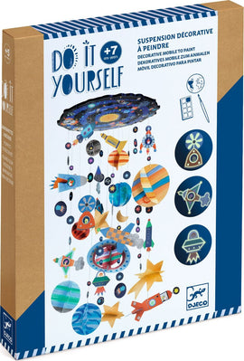 The Solar System Decorative Mobile by DJECO is a DIY kit designed for children aged 7 and up. The kit includes colorful, paintable hanging decorations featuring planets, rockets, and stars, encouraging creativity in decorating and assembling a celestial-themed mobile.