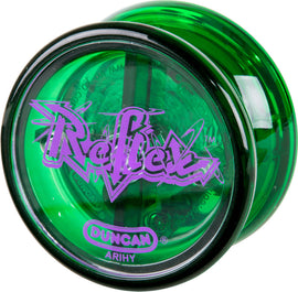 Bright green Reflex Auto Return Yo-Yo by Duncan featuring a playful purple logo. This yo-yo automatically returns, making it perfect for beginners and skilled players alike.
