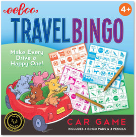 Eeboo Travel Bingo Set featuring bright and colorful bingo pads and pencils, designed for family car journeys. The packaging includes illustrations of animals in a red car and a scenic background. Each bingo pad displays various travel-themed images, encouraging interactive play for kids aged 4 and up.