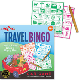 Eeboo Travel Bingo Set featuring colorful bingo pads and pencils, designed for family road trips. Includes 4 bingo pads illustrated with various items like trees, animals, and vehicles to spot during travel.