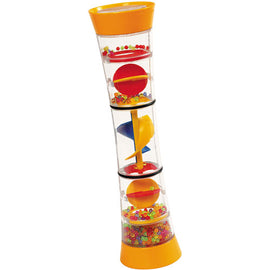 The Twirly Whirly by Halilit is a colorful sensory toy featuring a clear, cylindrical design with four stacked sections. Each section has vibrant red and yellow balls along with various shapes that swirl and spin for engaging visual exploration. Ideal for children, it enhances fine motor skills and sensory development.