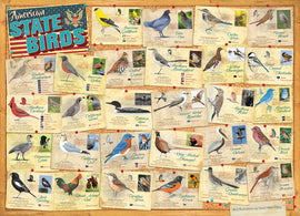 A colorful jigsaw puzzle featuring American state birds, illustrated with detailed images and information cards for various birds such as the Northern Cardinal, American Robin, and Blue Hen. The design includes a title banner and a rustic background, showcasing the rich diversity of state birds across the USA.