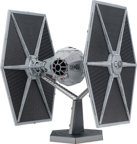A detailed DIY model kit of the iconic TIE Fighter from Star Wars, featuring a spherical cockpit, large hexagonal wings, and a sturdy display stand. The gray and black design showcases intricate details, perfect for Star Wars enthusiasts and model builders.