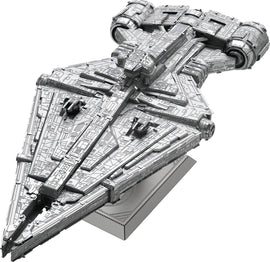 The ICONX: Imperial Light Cruiser DIY kit from Fascinations features a detailed, metallic model of a space cruiser, complete with intricate engravings and a sturdy base for display. It showcases a futuristic design with sharp lines and various components that resemble those of classic sci-fi spacecraft.