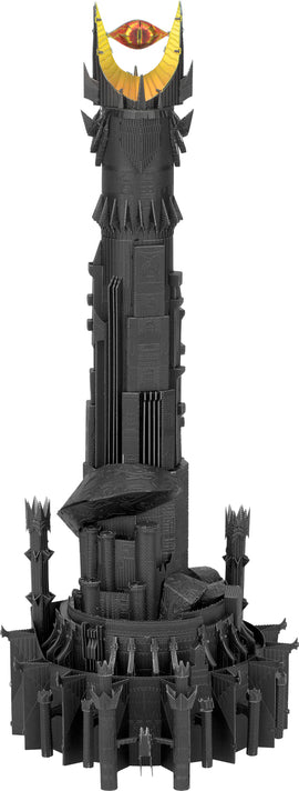 The Premium S: Barad-Dur Model by Fascinations is a detailed DIY kit that represents the iconic dark tower from the Lord of the Rings. The model features intricate designs with sharp points, a textured surface, and a vibrant eye at the top, showcasing a black and gold color scheme. Perfect for hobbyists and fans of fantasy, this buildable model captures the essence of Middle-earth.