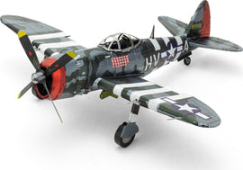 A detailed DIY metal model kit of the P-47 Thunderbolt airplane by Fascinations. The model features intricate designs, including a red and green color scheme with camouflage patterns, propellers, and landing gear.