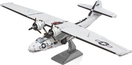 A detailed Metal Earth model kit of the Consolidated PBY Catalina aircraft by Fascinations. The model features intricate metal parts and is designed for DIY assembly, showcasing props, wings, and a stand for display.