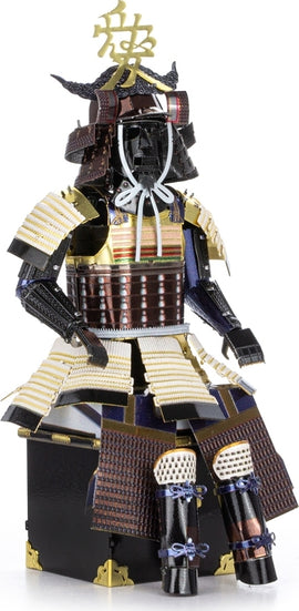 Metal Earth Samurai Armor DIY kit featuring an intricately detailed samurai figure crafted from metal. The armor is adorned with colorful layers and a striking headpiece, showcasing meticulous craftsmanship and design. Ideal for collectors and DIY enthusiasts.