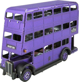 A detailed replica of the Knight Bus from the Harry Potter series, constructed from metal. The model features a vibrant purple color and open interior, showcasing intricate design elements like windows and wheels. This DIY kit is perfect for fans and crafting enthusiasts.