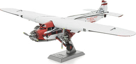 Metal Earth DIY kit featuring a detailed 3D model of the Ford Trimotor airplane. The model showcases intricate design elements including a metal fuselage, rotating propellers, and authentic markings. Perfect for aviation enthusiasts and model builders.