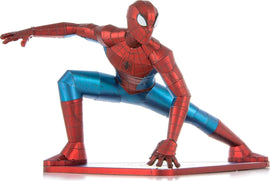 A detailed model kit of Spider-Man made from metal, depicting the superhero in a dynamic pose. The figure features vibrant red and blue colors with intricate web patterns, showcasing his iconic costume. Perfect for DIY enthusiasts, this Metal Earth kit allows fans to assemble their own Spider-Man model, adding a touch of comic book charm to any collection.