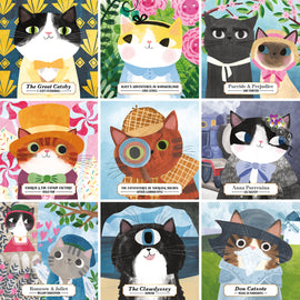 A vibrant jigsaw puzzle titled 'Bookish Cats' by Mudpuppy. The puzzle features whimsical illustrations of cats dressed as famous literary characters, including those from 'The Great Gatsby' and 'Purride & Prejudice'. The colorful artwork showcases the cats in playful attire, surrounded by elements from their respective stories.