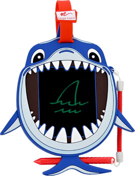 A fun and colorful DIY kit called Sketch Pals Clark the Shark by Kent Displays Inc. The kit features a shark-shaped tablet with a black screen for drawing, showcasing a playful design that encourages creativity in children. It includes a red stylus attached to the tablet, perfect for doodles and sketches, and is designed for imaginative play.