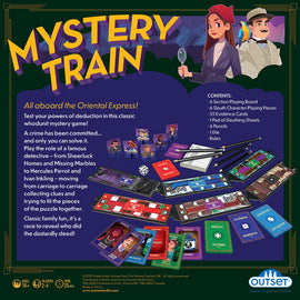 Mystery Train by Outset Media is a whodunit mystery game for 2-6 players aged 10 and up. The image showcases the colorful playing board, sleuth character pieces, evidence cards, dice, and other game materials. Set aboard the Oriental Express, players act as detectives to solve a crime by gathering clues and evidence. This game offers engaging family fun and strategic gameplay in a thrilling mystery environment.