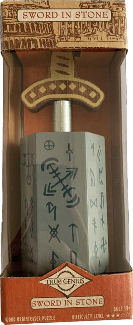 The True Genius Sword in Stone is a mechanical brainteaser puzzle featuring a sword design on top of a stone-like base. The base has intricate symbols and markings, and the entire set is packaged in a decorative box. Designed for ages 14 and up, this puzzle challenges users to figure out how to pull the sword from the stone, providing both entertainment and mental engagement.