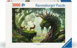The Forest Dragon Awakes jigsaw puzzle by Ravensburger features a vibrant fantasy scene depicting a majestic dragon-like creature entwined in forest foliage, with gentle deer nearby and a lush, enchanting woodland backdrop. This 3000-piece puzzle promises hours of enjoyable challenge for puzzle enthusiasts and fantasy lovers alike.