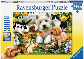 Ravensburger Happy Animal Buddies jigsaw puzzle featuring a charming scene with various cute animals including puppies, kittens, a rabbit, and guinea pigs surrounded by colorful flowers. The puzzle has 300 pieces and is designed for ages 9 and up, offering a joyful and engaging experience for animal lovers.