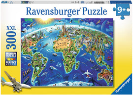 A colorful jigsaw puzzle featuring a detailed map of the world with iconic landmarks, including the Eiffel Tower and the Great Wall of China. The 300-piece puzzle designed by Ravensburger showcases vibrant illustrations, making it suitable for ages 9 and up. The box is prominently labeled with 'XXL 300' and features an airplane graphic.