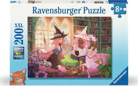 Ravensburger Enchanting Library 200-piece jigsaw puzzle featuring two witches surrounded by books, potions, and a cat in a whimsical library setting. The illustration showcases vibrant colors, intricate details, and a fantasy theme, perfect for puzzle enthusiasts aged 8 and up.