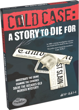 Cold Case - A Story to Die For game by ThinkFun. The box art features a newspaper headline and evidence related to a historical murder case, inviting players to investigate and solve the decades-old mystery set in 1980. Designed for 1-4 players aged 14 and up.